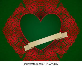 Large red heart on baroque ornament in Victorian style. Green background and red element for design. Vintage invitation with floral motifs. Cover design for greeting and wedding card.
