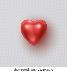 Large red heart on transparent background, 3d heart with shadow, vector format