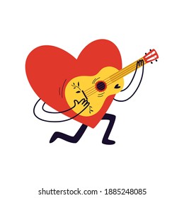 A large red heart plays a painted yellow ukulele on one knee. A hand-drawn cartoon character in the form of a heart. Vector illustration isolated on white background.