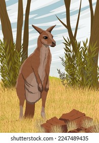 A large red kangaroo stands in dry grass in a meadow. Wild animals of Australia. Realistic vertical vector landscape