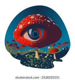 Large red mushroom with an eye in the cap, set against a surreal landscape with smaller mushrooms. Vector illustration has a psychedelic feel, with vibrant colors and a dreamlike atmosphere.