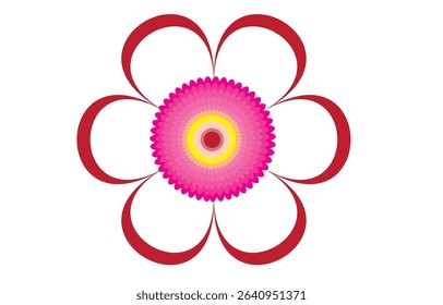 Large red petal flower with pink and yellow center on white background.
