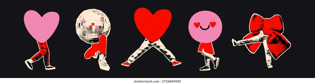 Large red and pink hearts, bow, disco ball and smiling face with walking legs halftone art collage cut outs set. Funny playful stickers with doodles Modern retro grunge mixed media vector illustration