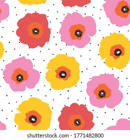 Large red pink and yellow flowers seamless vector pattern on a polka dot background. Repeating floral background Scandinavian style. Poppy flowers. Use for fabric, wallpaper, summer decor