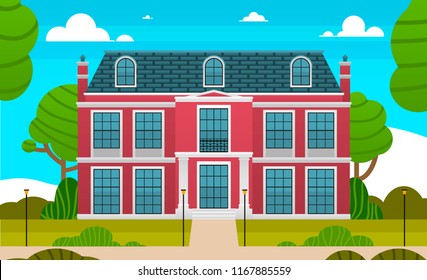 large red private house and empty front yard with green grass and trees landscape horizontal. Beautiful colorful picture. Children s world. flat design