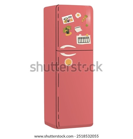 Large red refrigerator with freezer. Decorated with family photos, memorable magnets and reminder notes. Kitchen utensils. Vector illustration isolated on transparent background.