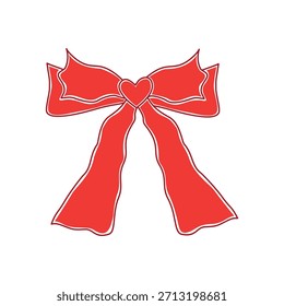 Grande lazo de cinta roja. Arco dibujado a mano con un nudo en forma de corazón para el día de San Valentín y bodas. Сestética de la oquette. Elemento de diseño de Vector aislado para decorar tarjetas, embalaje.