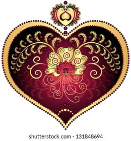 Large red romantic vintage heart with gold flower on white. (Vector EPS 10)