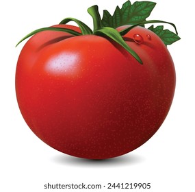 Eine große rot glänzende Tomate mit einem grünen Schwanz und einem transparenten Tropfen. Weißer Hintergrund. Sehr realistische Darstellung.