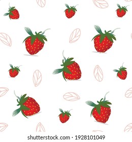 Large red strawberry berry with green leaves on white background, seamless food pattern