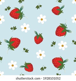 Large red strawberry berry with green leaves on white background, seamless food pattern