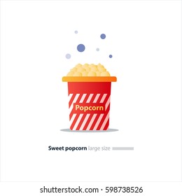 Large red striped bucket of fresh sweet popcorn, vector flat design illustration