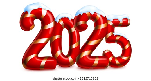 Large red stylized number 2025 sprinkled with snow on top, with a festive Christmas design reminiscent of a candy cane, with soft shadow, on a white background.