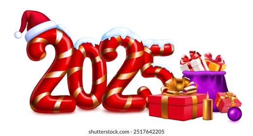 Large red stylized number 2025 sprinkled with snow on top, with a festive Christmas design reminiscent of a candy cane, with Santa hat and bag of gifts, with soft shadow, on a white background.