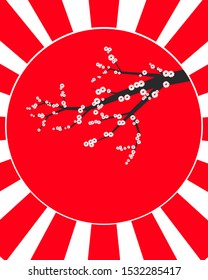 A large red sun with tons of Japanese-style sakura in the front.