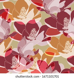 Large red, tangerine inflorescences of flowers. Floral seamless pattern. Vector illustration with hand drawn plants.