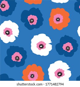 Large red white and blue flowers seamless vector pattern. Repeating floral background Scandinavian style. Use for fabric, wallpaper, 4th of July decor