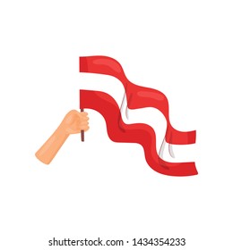 Large red and white flag in hand. Vector illustration on white background