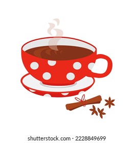 A large red and white polka dot cup of hot drink on a saucer will keep you cozy and warm in colder times. Vector illustration for autumn and winter or cold season design in a decorative cartoon style