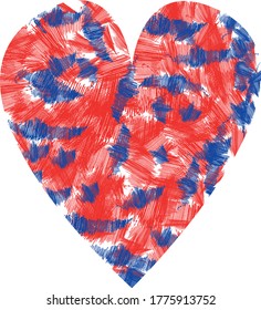 A large red-and-blue heart, painted over with brushstrokes. Valentine's day explosion splendid background. 