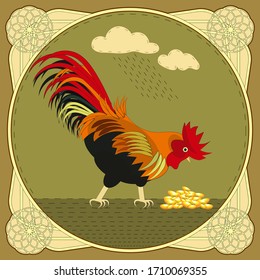 A large red-black rooster eats corn grains in the rain. Picture in a vintage frame. Vector illustration