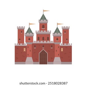 Large red-brick fortress with tall green-roofed towers and flags against a white background. Ideal for history education, fantasy themes, medieval storybooks, architectural design, and role-playing