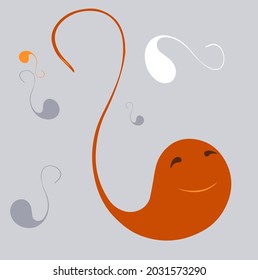 A large redhead, sleek and cheerful tadpole on a gray background. And a few small
