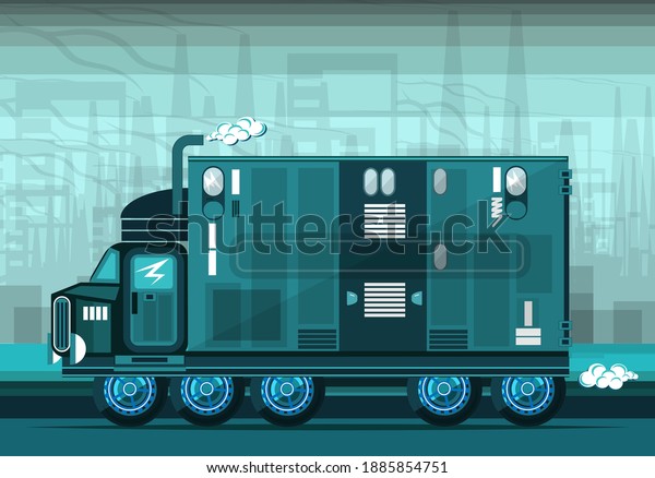 A large refrigerated truck drives along the\
road against the backdrop of industrial buildings. Blue palette.\
Vector illustration