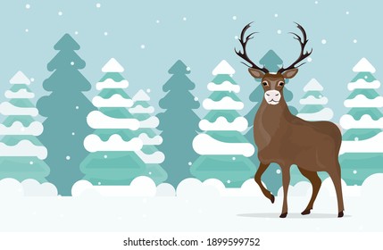 A large reindeer stands on a snowdrift in the forest. Reindeer with large antlers. Snowy forest. Vector illustration