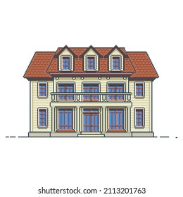 Large residential frame house. Pixel art. Concept for design arcade game. 8-bit 16-bit graphics. Vector illustration in flat style. Front view. Isolated white background.
