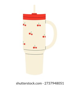 Large Reusable Cup with Handle and Cherry Pattern, Water Bottle with Straw for Students