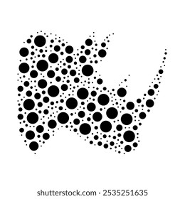 A large rhinoceros head symbol in the center made in pointillism style. The center symbol is filled with black circles of various sizes. Vector illustration on white background