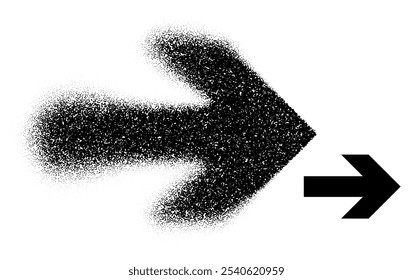 A large right-pointing arrow created in scattered dot art and solid black styles, representing directional movement. Vector illustration.