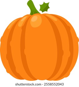 Large ripe orange pumpkin showing green stem and leaves, isolated on white background, representing autumn harvest, halloween, thanksgiving, and seasonal celebrations