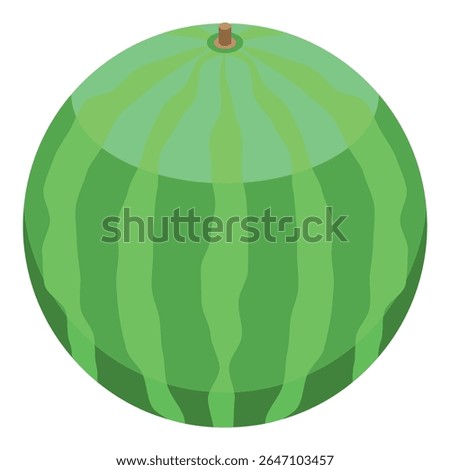 Large, ripe watermelon with a dark green rind and light green stripes is depicted in an isometric view