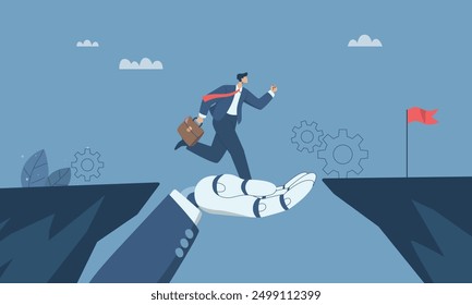 A large robotic hand that helps business people overcome cliffs or obstacles, Support or help solve problems, Support with artificial intelligence, Working with AI. Vector design illustration.