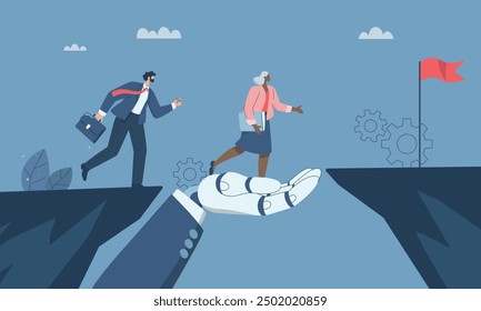 Una Grande mano robótica que ayuda al equipo de negocios a superar acantilados u obstáculos, Asistencia o ayuda a solucionar problemas, Asistencia con inteligencia artificial, Trabajo con IA. Ilustración de diseño de Vector.