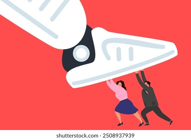 Grande presión robótica en la pierna de un hombre y una mujer que luchan contra la Ilustración vectorial de robots