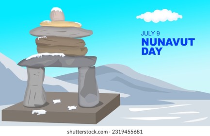 large rock formations also called inukshuk rankin with mountains and snowmelt. the word "inukshuk" means "in human form." commemorate Canada Nunavut Day on July 9
