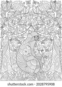 Large Rodent Sitting Between Two Trees In Forest Background With Insects Flying Colorless Line Drawing. Forest With Large Animal Coloring Book Page.