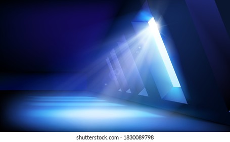 Large room lit by sunlight. Light effect on a blue dark background. Show on stage. Vector illustration.
