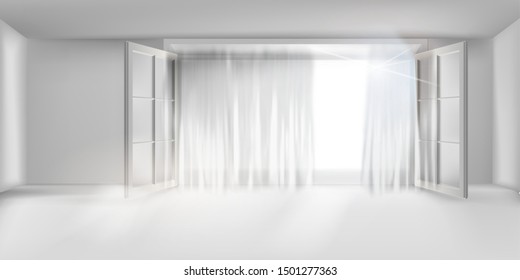 Gran habitación con ventana abierta. Cortinas de red. Fondo blanco, ilustración vectorial.