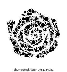A large rose in the center made in pointillism style. The center symbol is filled with black circles of various sizes. Vector illustration on white background