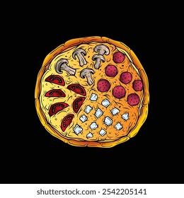 Grande rodada pizza sortida com cogumelos, queijo, salame e tomates. Ilustração vetorial original em estilo vintage. Desenhado à mão, não com IA