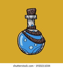Large round bottle of blue magic potion in a cartoon style