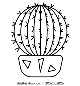 Large round cactus in a pot for home, office.Vector icon, outline, isolated, 48x48 pixel.