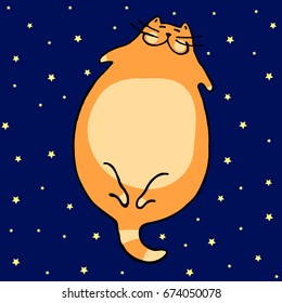 A large round cat purrs in space. Beautiful color cartoon illustration