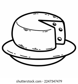 Un gran queso redondo en el plato. Ilustración del doodle vectorial. Esbozo en blanco y negro. Icono.