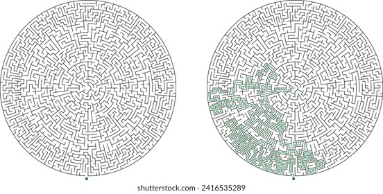 Large round complex labirinth. Vector circular maze. Difficult education puzzle with task to find the way out of the maze. Escape from center riddle. Solution included.