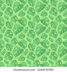 Large round green leaves with holes on a green background. Floral seamless pattern, print, vector illustration